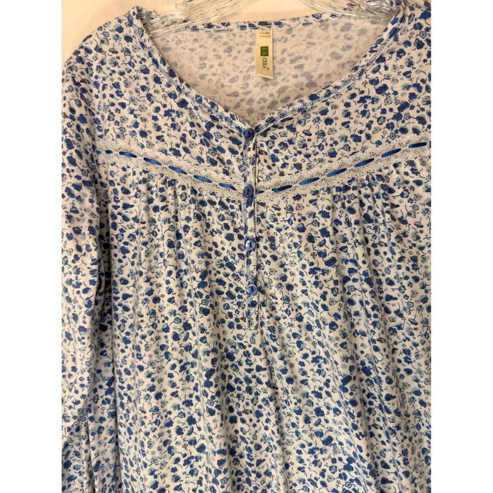 La Cera Nightgown Blue White Floral Lace Lounge Loungewear‎ Cozy Sleep XS
